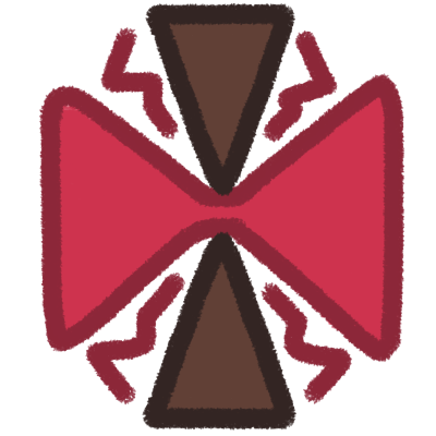 two brown triangles, one on the top pointing downwards and one on the bottom upwards. squeezed between them is a red horizontal hourglass like shape. there’s 4 zigzags, 2 next to each triangle.